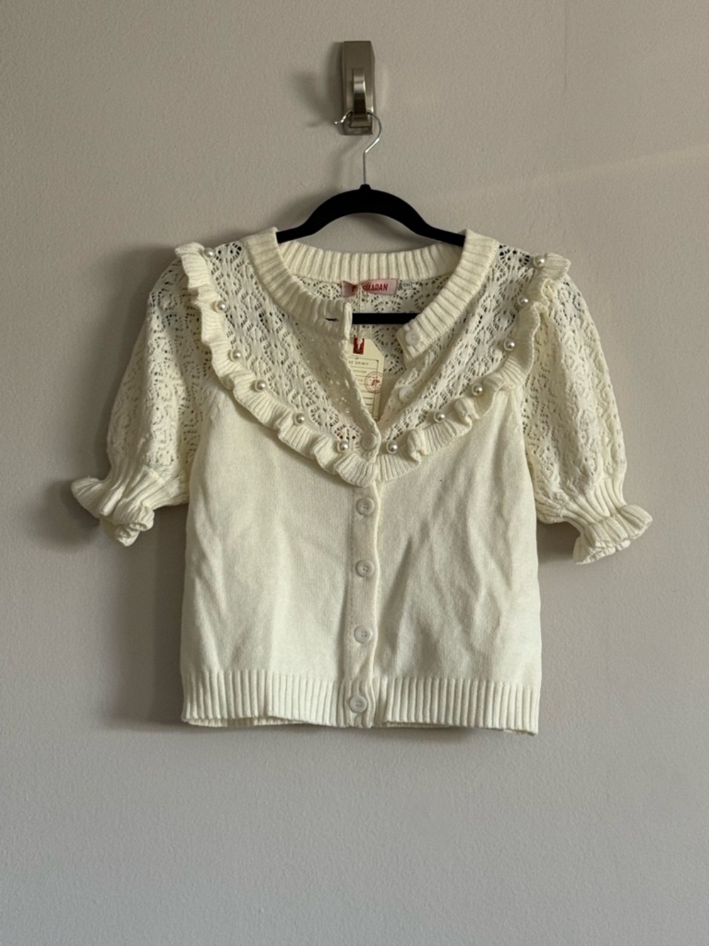 Cotton-Blend Cream Knit Pearl Trim Cardigan